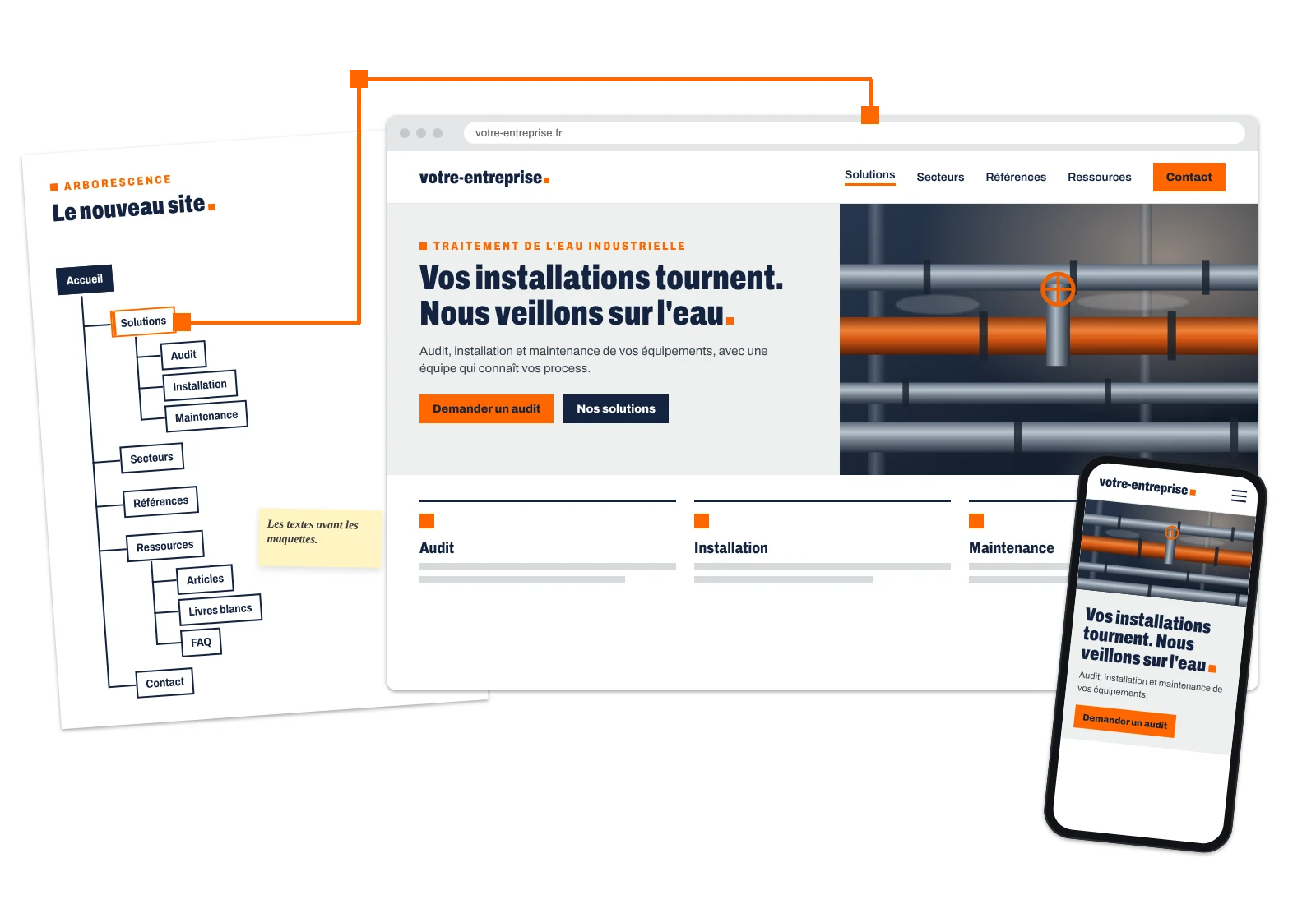 De l’arborescence au site en ligne : la refonte de site web d’une entreprise industrielle, sur ordinateur et sur mobile.