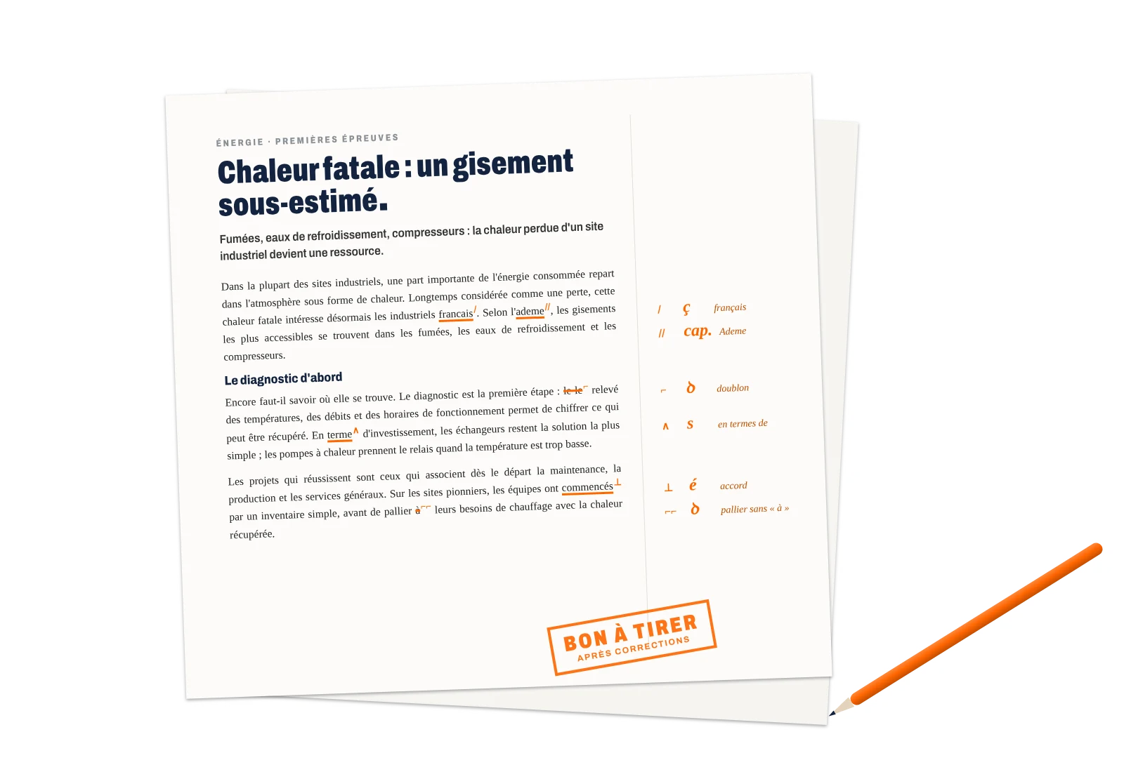 Relecture-correction d’une épreuve de magazine : fautes signalées et corrections en marge, avant le bon à tirer.