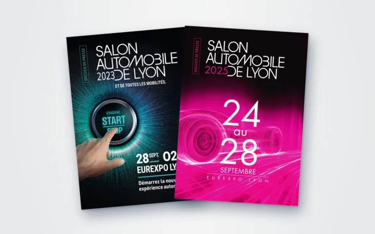 Couvertures des dossiers de presse 2023 et 2025 du Salon Automobile de Lyon